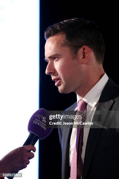 Adrian Bott speaks to the media during the TAB Epsom and Heineken 3 Metropolitan Barrier Draw at Royal Randwick Racecourse on September 25, 2018 in...