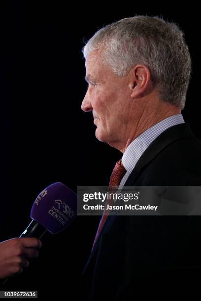 Horse trainer Greg Hickman speaks to the media during the TAB Epsom and Heineken 3 Metropolitan Barrier Draw at Royal Randwick Racecourse on...