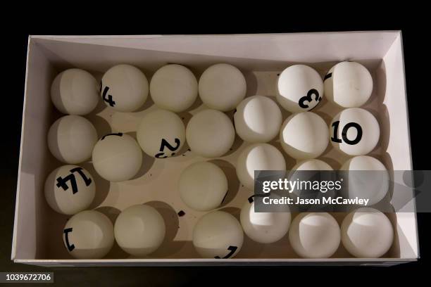 Box of barrier balls are seen during the TAB Epsom and Heineken 3 Metropolitan Barrier Draw at Royal Randwick Racecourse on September 25, 2018 in...