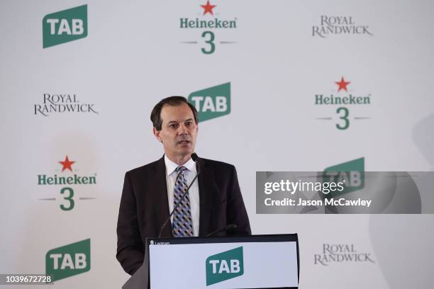 Matt Galinos, acting CEO of The Australian Turf Club speaks during the TAB Epsom and Heineken 3 Metropolitan Barrier Draw at Royal Randwick...