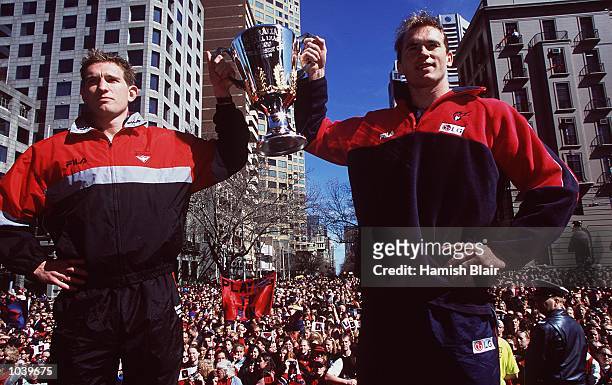 Captains, James Hird of Essendon and David Neitz of Melbourne hold the Premiership Cup, during the AFL Grand Final Parade in the lead up to the Grand...