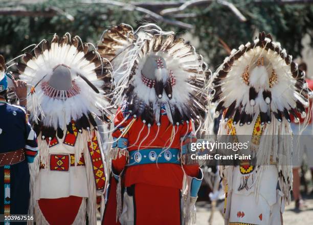 rear view of chief's headresses. - indigenous canadians stock pictures, royalty-free photos & images