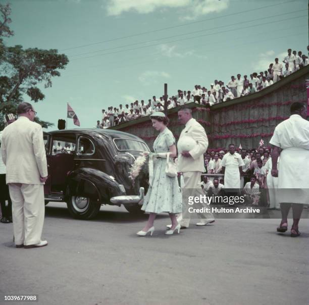 Crowds watching Queen Elizabeth II at Lautoka Wharf, during her visit to Fiji, on the coronation world tour, December 1953.