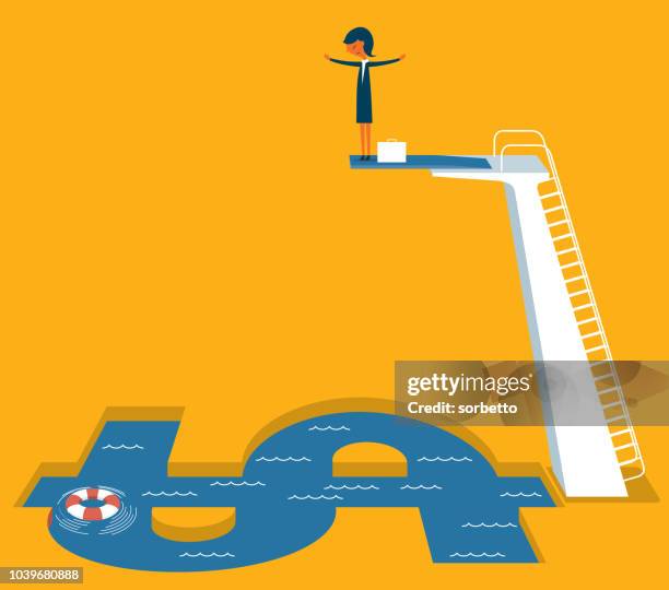 businesswoman on springboard - dollar symbol - diving board stock illustrations