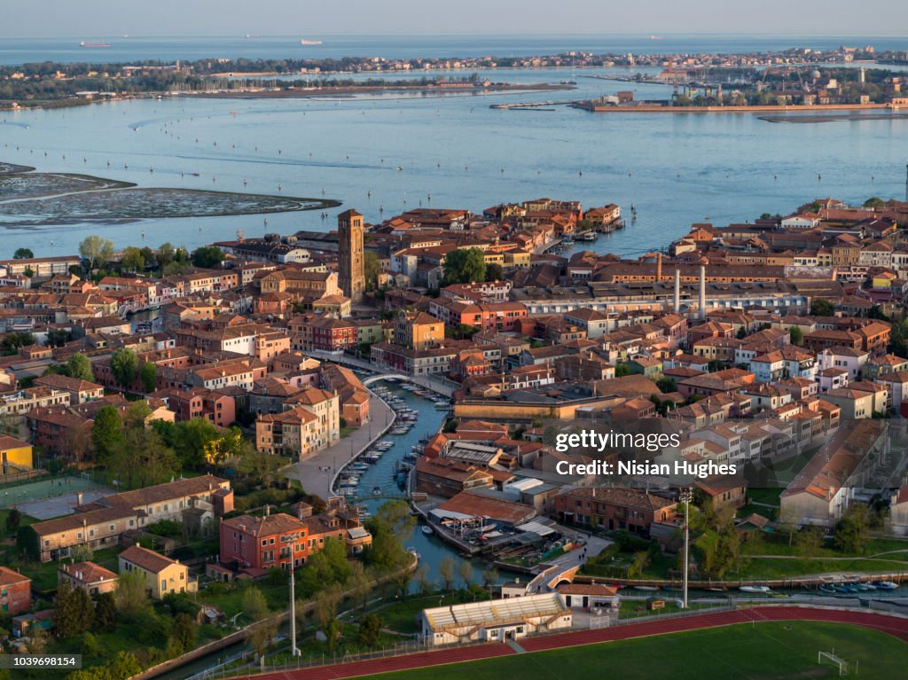 Aerial photo of island of Murano in Venice Italy, Sunset