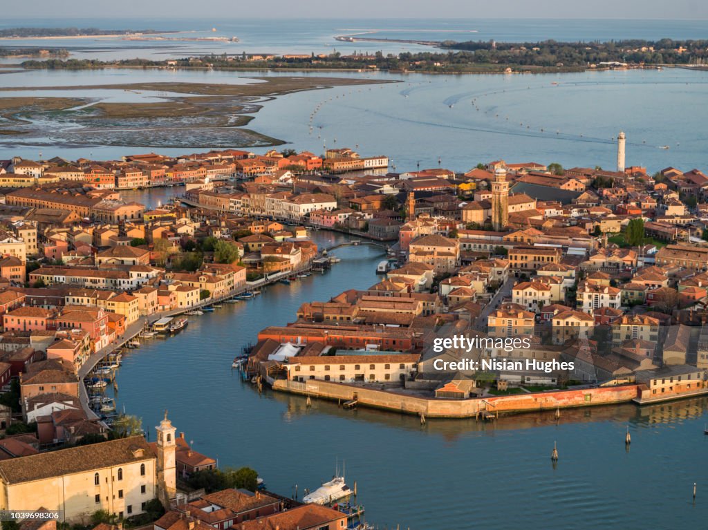Aerial photo of island of Murano in Venice Italy, Sunset