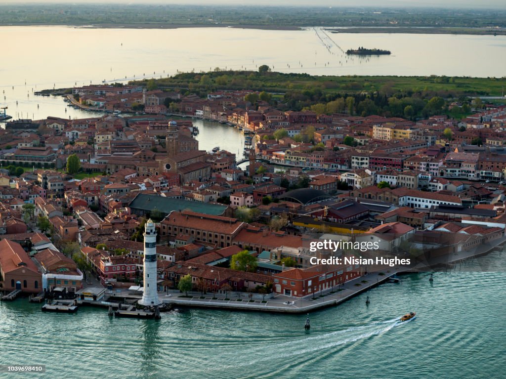 Aerial photo of island of Murano in Venice Italy, Sunset