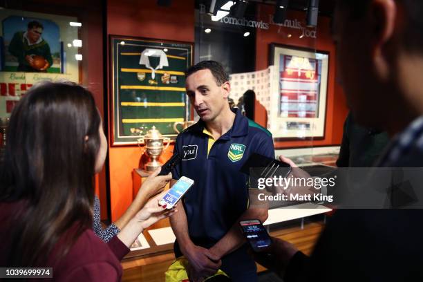 Gerard Sutton speaks to the media during the NRL Grand Final Official media opportunity at Rugby League Central on September 25, 2018 in Sydney,...