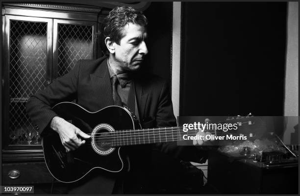 Leonard Cohen, Canadian poet and singer-songwriter, plays some of his songs in a small recording studio, lower Manhattan, New York, mid 1980s.