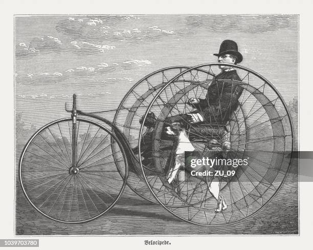 veloziped, dreirad mit dampf fahren, holzstich, veröffentlicht im jahre 1876 - erfindung stock-grafiken, -clipart, -cartoons und -symbole