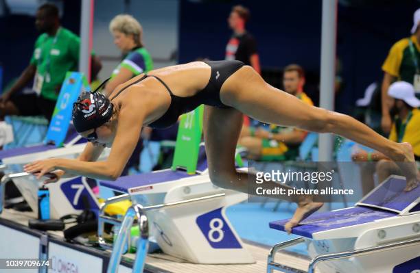 Syrian swimmer Yusra Mardin in action during the Swimming Training Sessions at the Olympic Aquatics Stadium at Olympic Park Barra prior to the Rio...