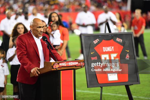 Tony Dungy gets inducted into the Ring of Honor during halftime of a Monday Night Football game against the Tampa Bay Buccaneers and Pittsburgh...