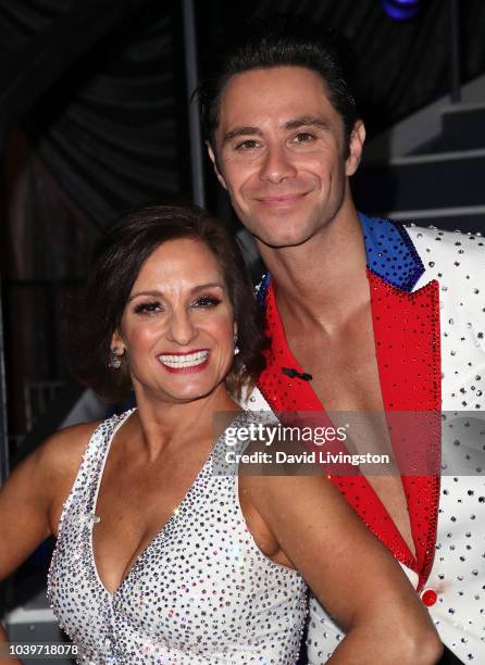 Mary Lou Retton and Sasha Farber pose at "Dancing with the Stars" Season 27 at CBS Televison City on September 24, 2018 in Los Angeles, California.