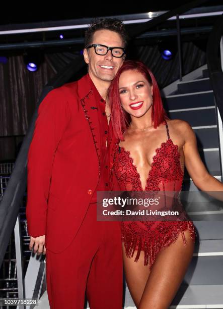 Bobby Bones and Sharna Burgess pose at "Dancing with the Stars" Season 27 at CBS Televison City on September 24, 2018 in Los Angeles, California.