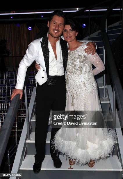 Val Chmerkovskiy and Nancy McKeon pose at "Dancing with the Stars" Season 27 at CBS Televison City on September 24, 2018 in Los Angeles, California.