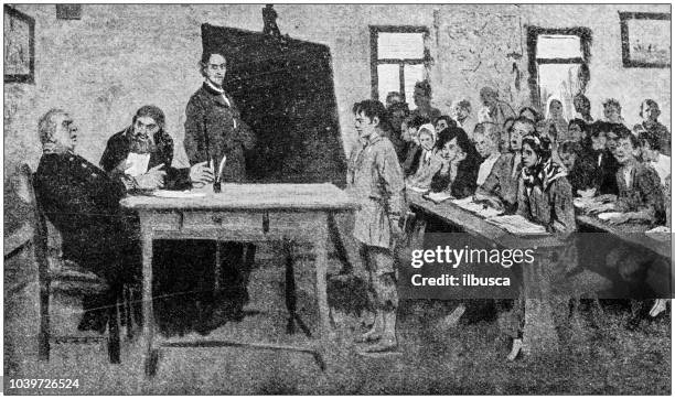 antique painting illustration: examination - professor of history stock illustrations