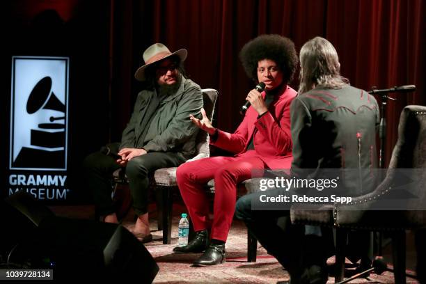 Don Was and Jose James speak with GRAMMY Museum Artistic Director Scott Goldman at Lean on Me: A Tribute to Bill Withers with Jose James & Don Was at...
