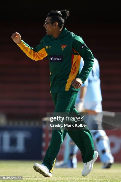 Clive Rose of the Tigers celebrates taking the wicket of Jack Edwards of the NSW Blues during the JLT One Day Cup match between New South Wales and...