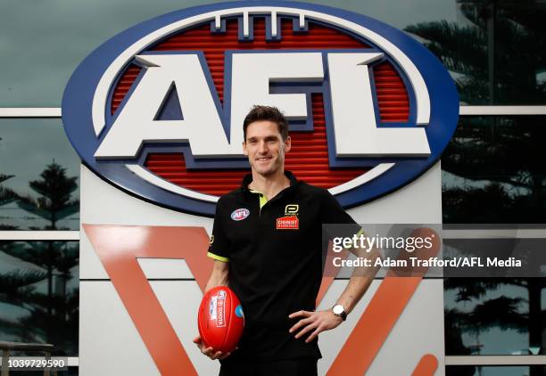 Umpire Matt Stevic poses for a photo during a press conference to announce the 2018 Grand Final Umpires at Etihad Stadium on September 25, 2018 in...