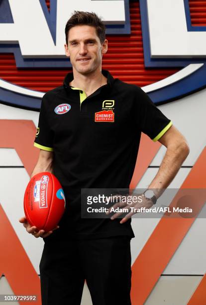 Umpire Matt Stevic poses for a photo during a press conference to announce the 2018 Grand Final Umpires at Etihad Stadium on September 25, 2018 in...