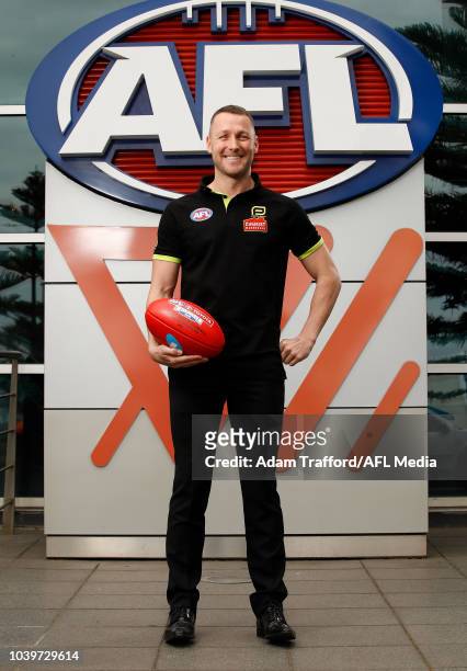 Umpire Brett Rosebury poses for a portrait during a press conference to announce the 2018 Grand Final Umpires at Etihad Stadium on September 25, 2018...