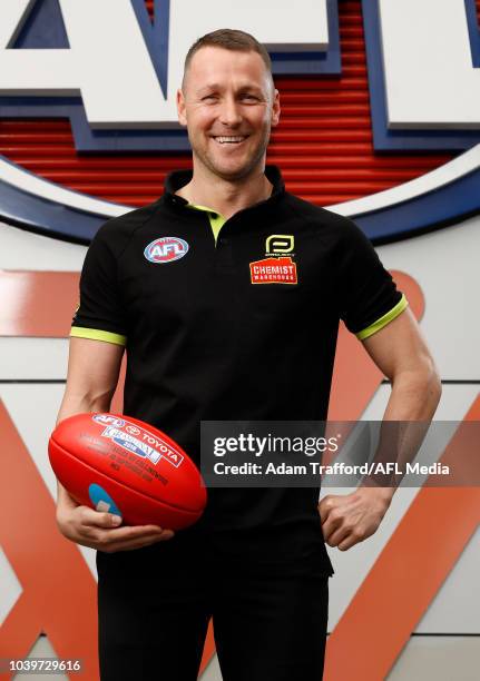 Umpire Brett Rosebury poses for a portrait during a press conference to announce the 2018 Grand Final Umpires at Etihad Stadium on September 25, 2018...