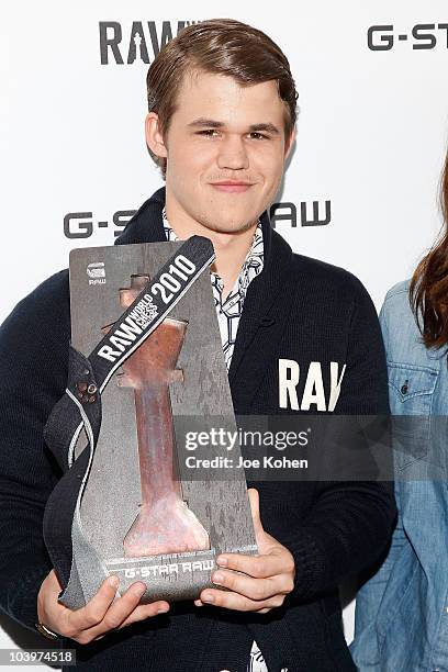 Number one chess player in the world Magnus Carlsen attends the G-Star Raw World Chess Challenge at The Cooper Square Hotel on September 10, 2010 in...