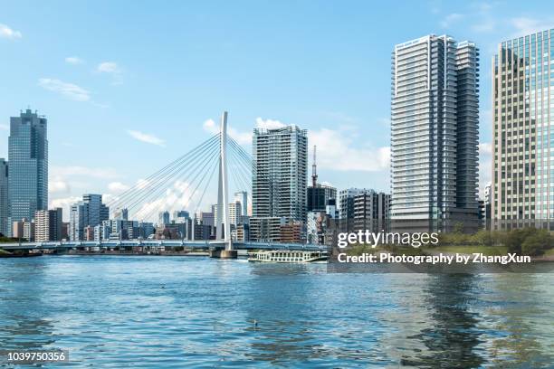 tokyo skyline over the sumida river with skyscrapers and buildings and chuo-ohashi bridge at day time,japan. - tsukishima tokyo photos et images de collection