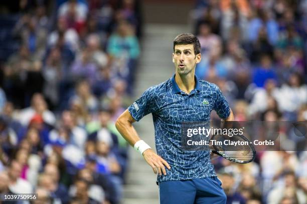 Open Tennis Tournament- Day Fourteen. Novak Djokovic of Serbia reacts to his team during his match against Juan Martin Del Potro of Argentina in the...