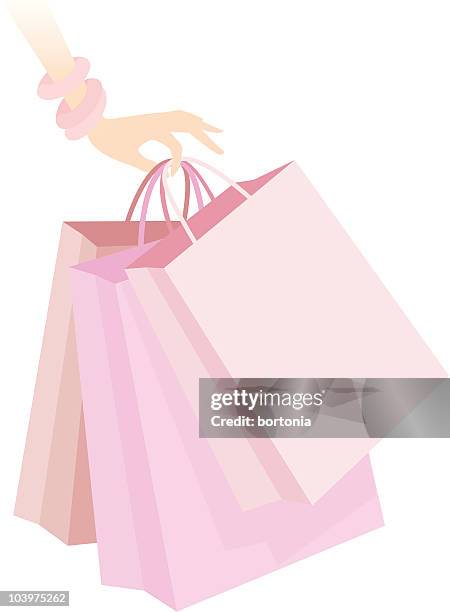 woman's hand holding pink shopping bags icon - female portrait studio stock illustrations