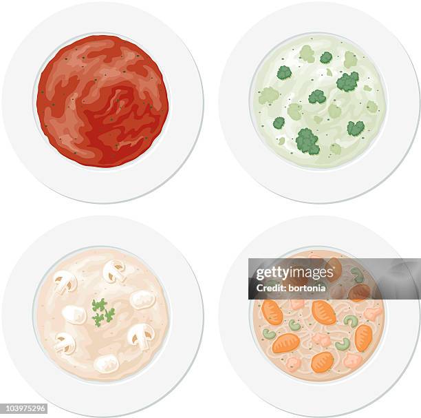 four bowls of soup - chicken noodle soup white background stock illustrations