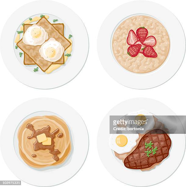 vier frühstück gerichte - steak plate stock-grafiken, -clipart, -cartoons und -symbole