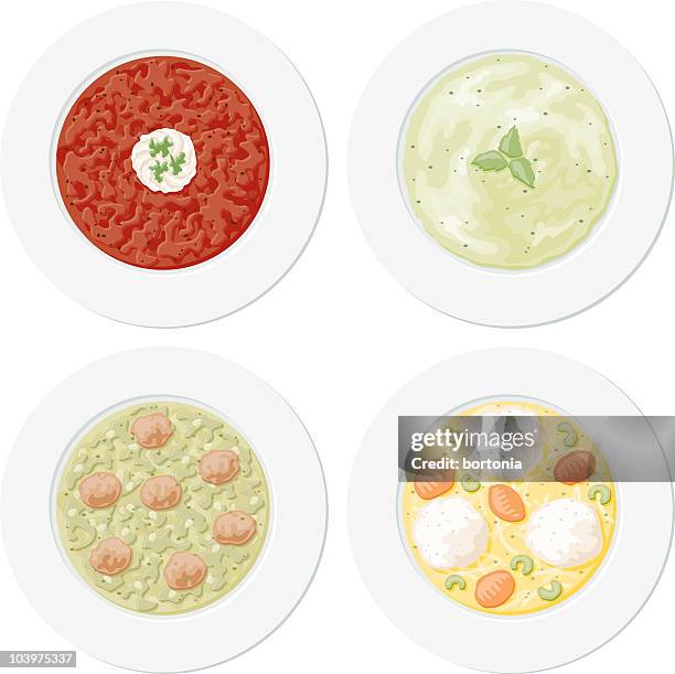four soup plates - matzo ball soup stock illustrations