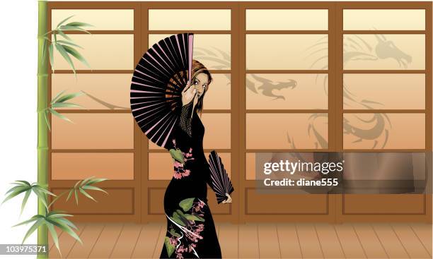 young woman waving chinese fan in front of paper screens - three quarter length stock illustrations