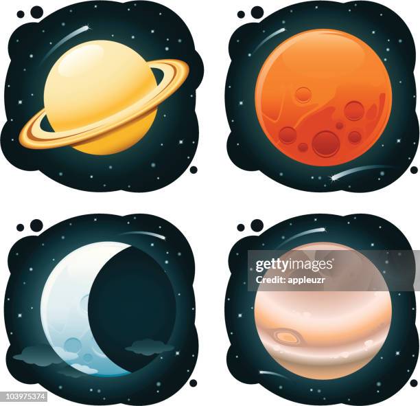planets and moons - solar system white background stock illustrations