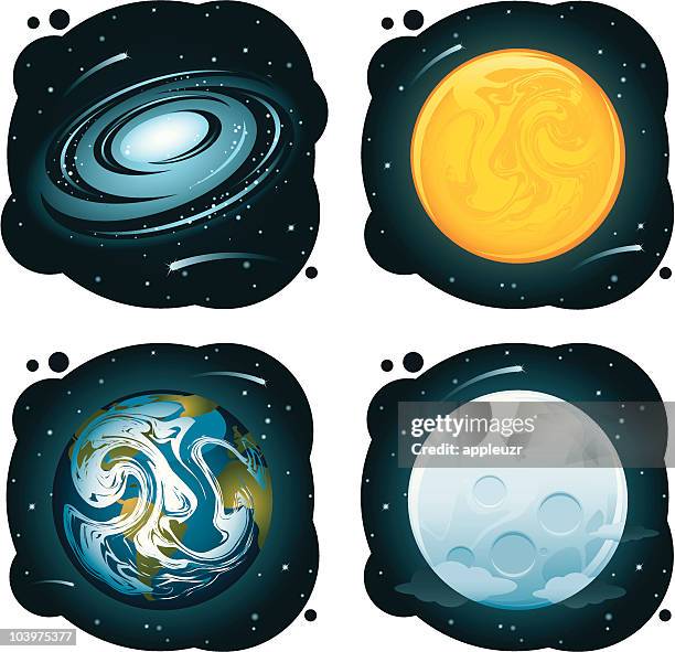 planets and galaxies - moon phases white background stock illustrations