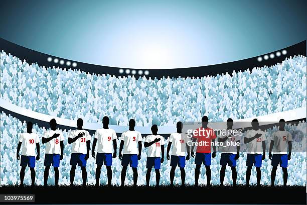 ilustraciones, imágenes clip art, dibujos animados e iconos de stock de primera línea de fútbol - equipo de fútbol internacional