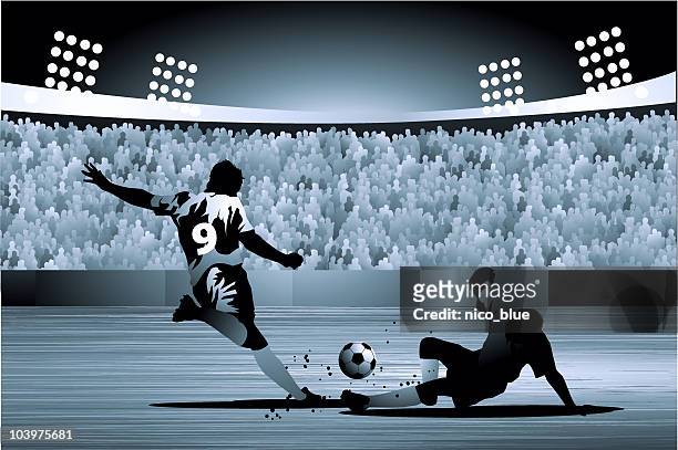 stockillustraties, clipart, cartoons en iconen met defender slide tackling an attacker in soccer game - verdediger voetballer