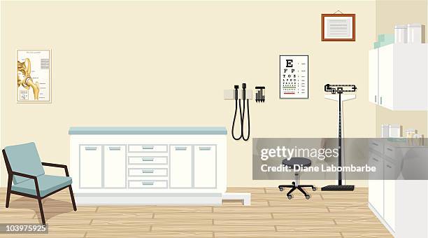bildbanksillustrationer, clip art samt tecknat material och ikoner med doctor's office with medical equipment and cabinets illustration - läkarmottagning