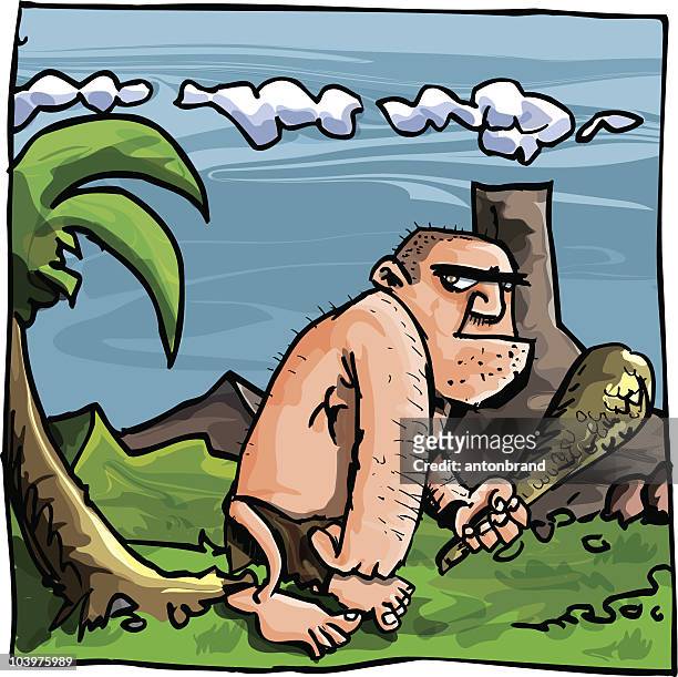 cartoon caveman in prehistoric environment - men in loincloths stock illustrations