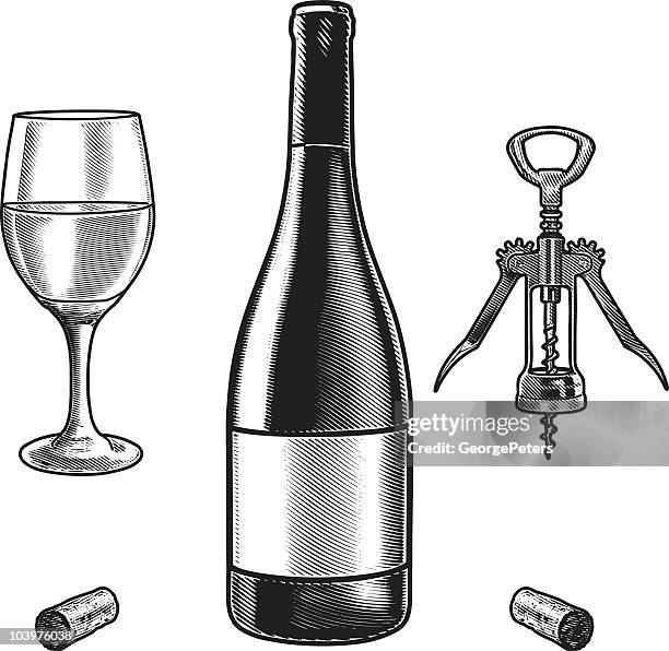 engraved illustration of wine bottle and glass - wine glass white background stock illustrations