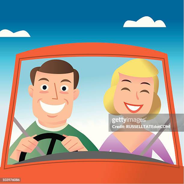 illustrations, cliparts, dessins animés et icônes de heureux de voiture - couple conduire voiture