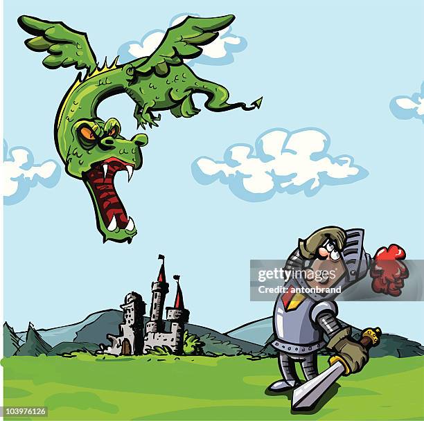 cartoon dragon swooping down on a knight - dragon quest stock illustrations