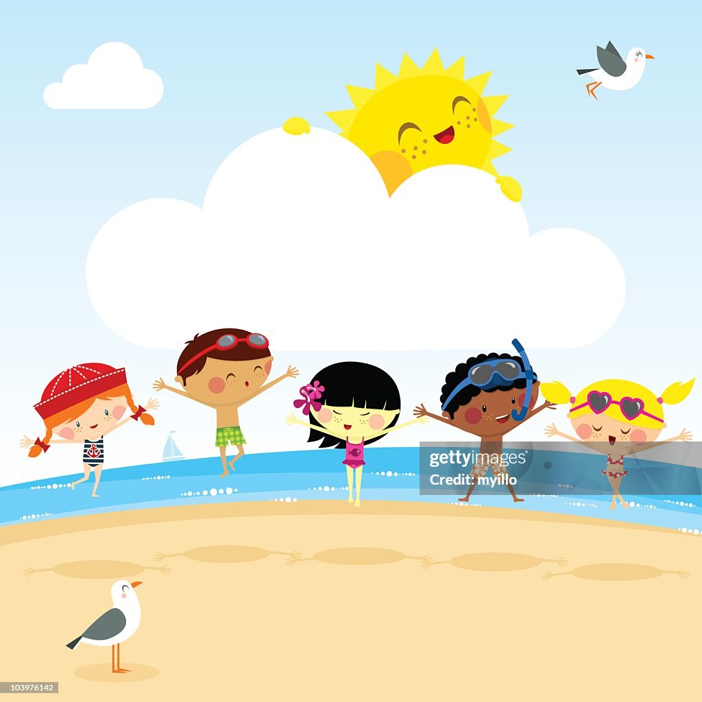 Los niños en la playa. diversión sol de verano ilustración vectorial myillo