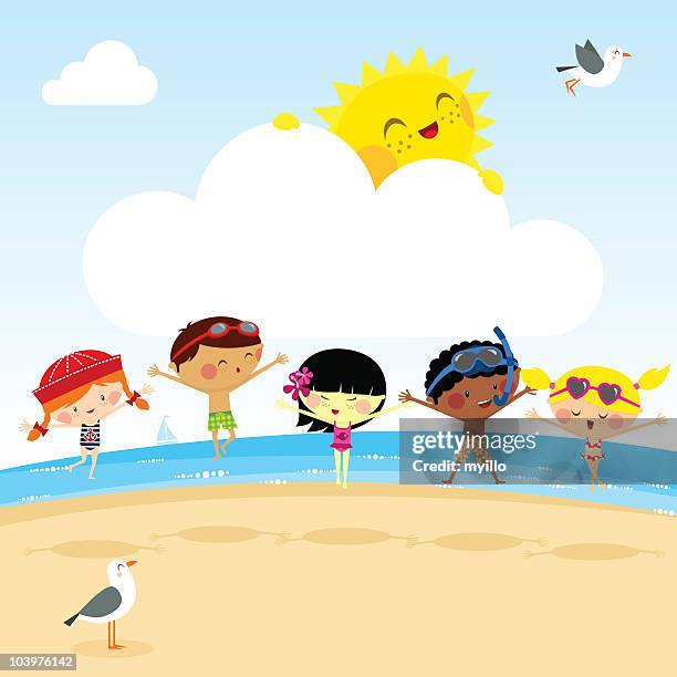 stockillustraties, clipart, cartoons en iconen met kids on the beach. fun summer sun myillo illustration vector - two animals