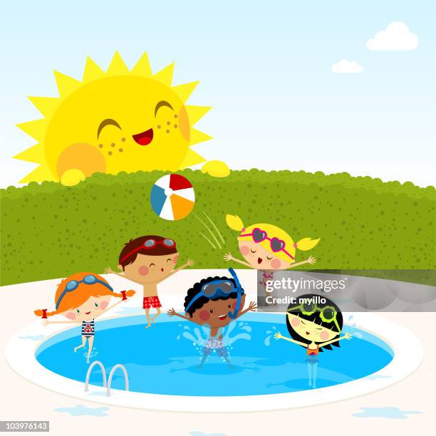 ilustraciones, imágenes clip art, dibujos animados e iconos de stock de niños en la piscina - fiesta de piscina