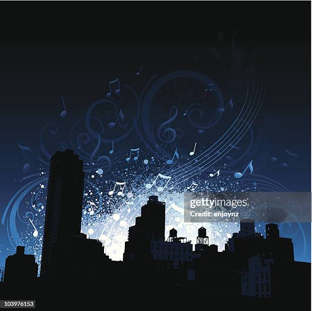 city-musik im hintergrund - musical note stock-grafiken, -clipart, -cartoons und -symbole