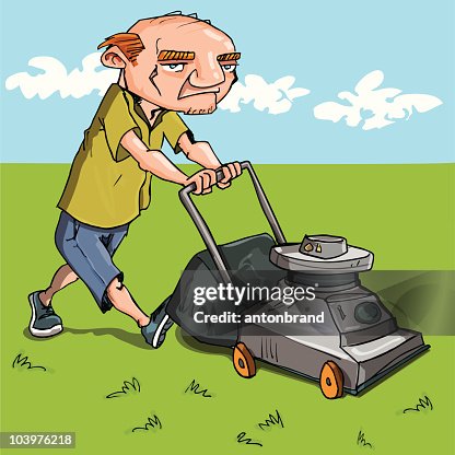 Cartoon Man Mowing His Lawn High-Res Vector Graphic - Getty Images