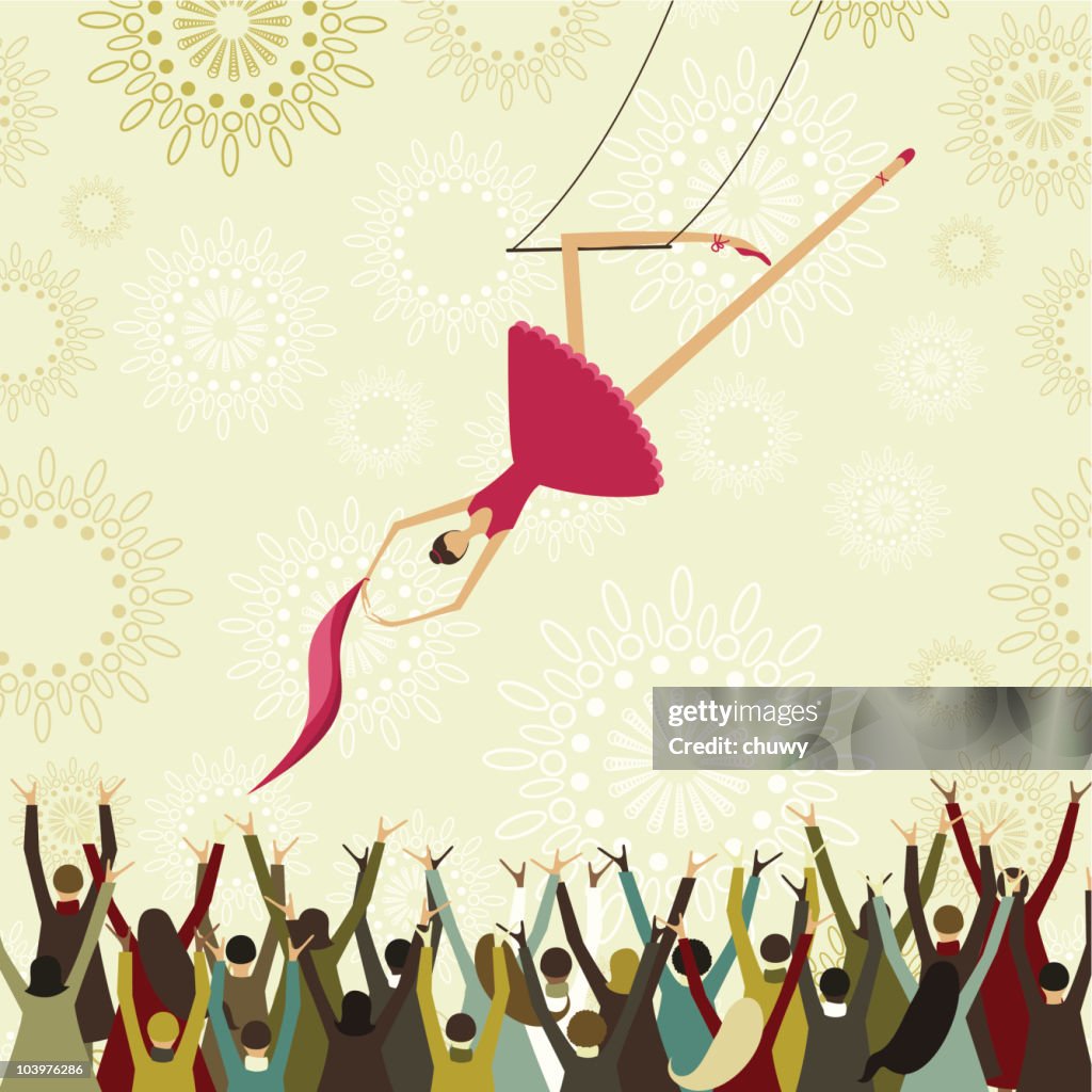 Picture of crowd cheering on a swinging trapeze artist