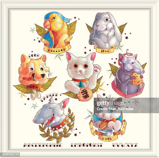 pets collection, tattoo animals set - dog eating stock illustrations